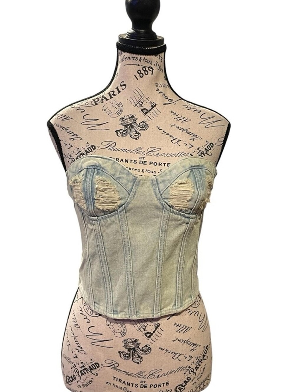 NWT PrettyLittleThing Distressed Denim Strapless Corset Top Light Blue Size 8